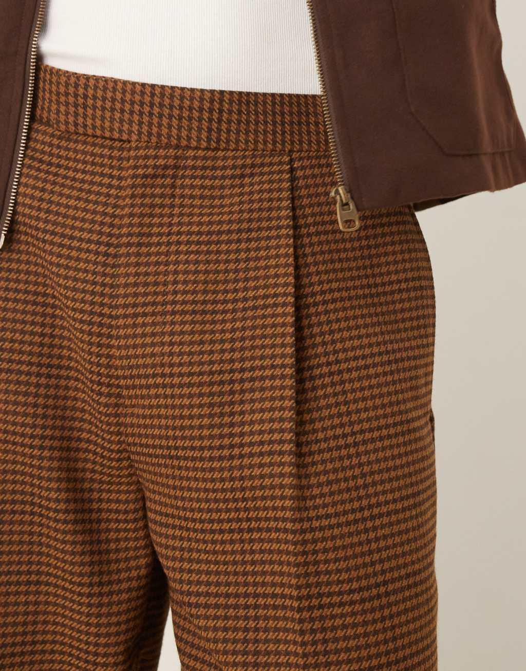 ASOS DESIGN pull on smart oversized tapered pants in brown wool mix herringbone Product Image