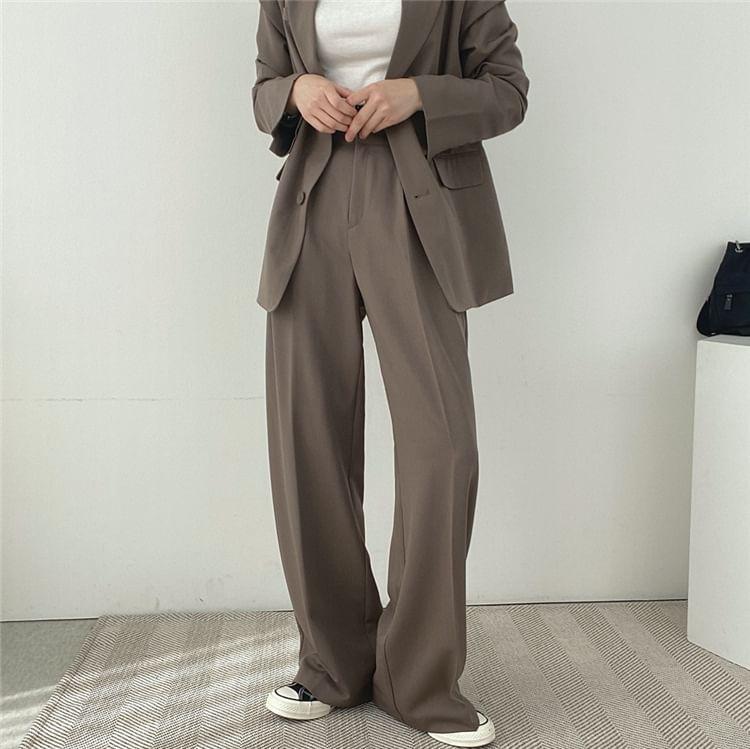 Lapel Collar Plain Single-Breasted Blazer / High Waist Wide Leg Dress Pants Product Image