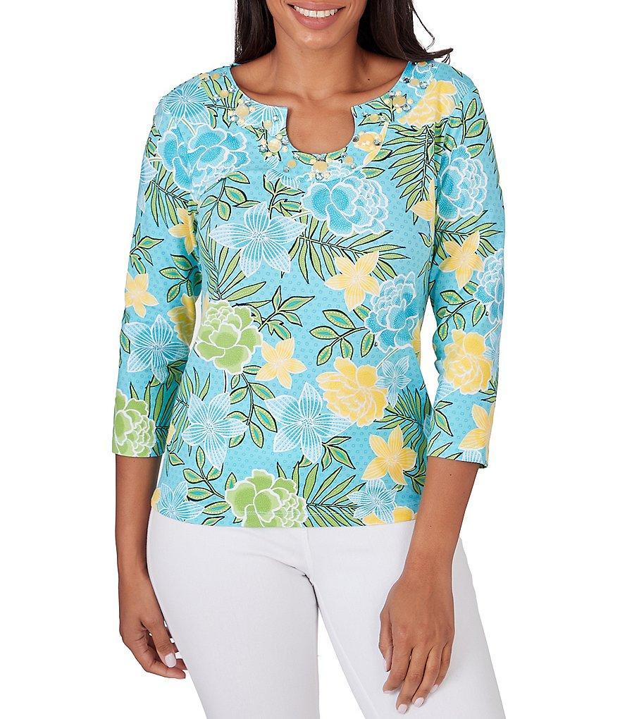 Ruby Rd. Floral Print Knit Embellished Horseshoe Neck 3/4 Sleeve Top Product Image