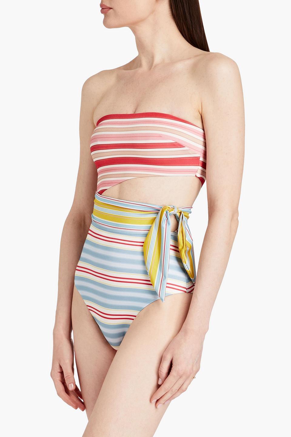 Cutout Striped Bandeau Swimsuit In Light Blue Product Image