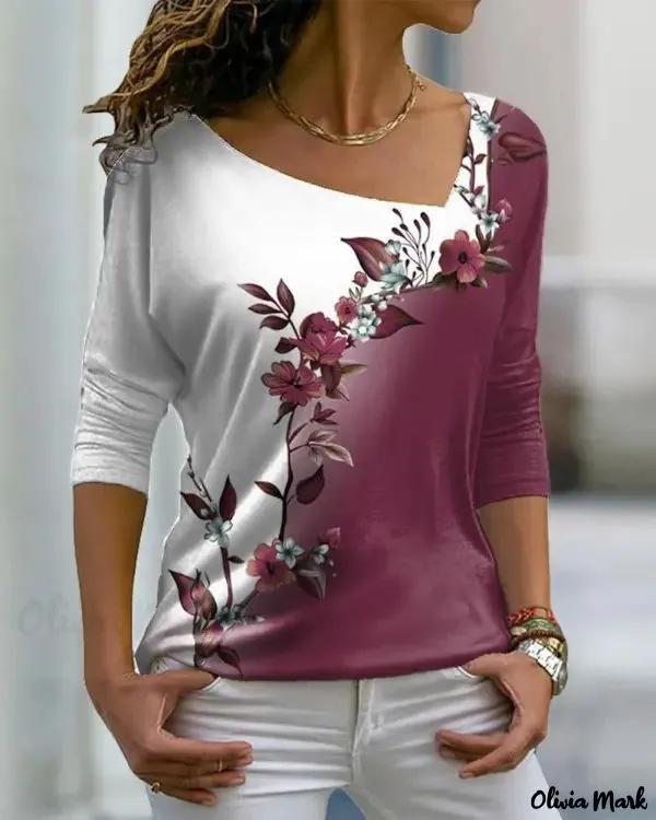 Olivia Mark – Womens Floral Print Asymmetrical Neck Long Sleeve Blouse Product Image