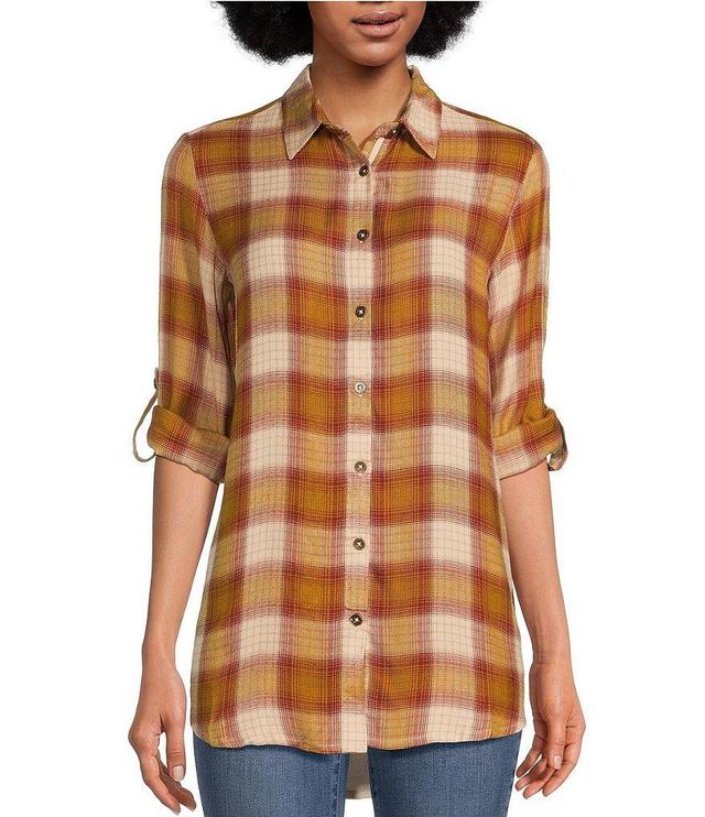 Karyn Seo Noel Velvet Woven Embroidered Plaid Print Point Collar Roll-Tab Sleeve Button Front Shirt Product Image