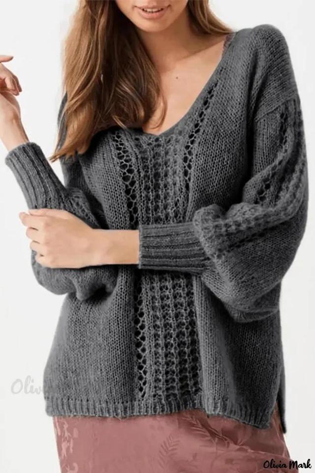 Olivia Mark – Chic Heather Grey Crochet V-Neck Sweater featuring Slit Detail and Loose Fit Product Image