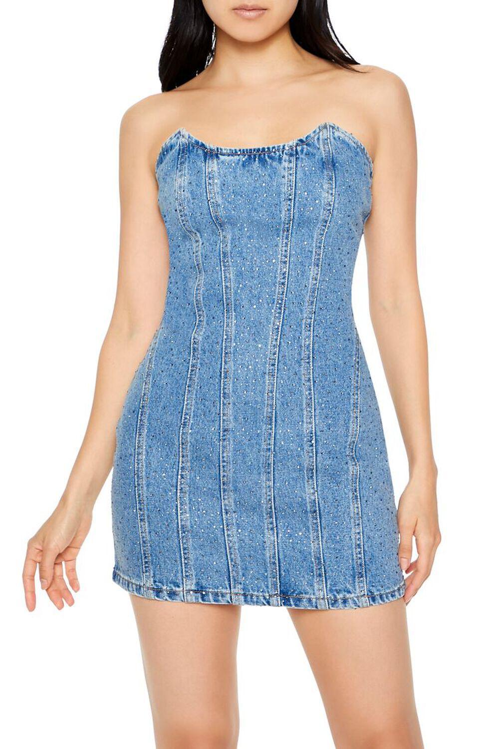 Rhinestone Denim Tube Mini Dress | Forever 21 Product Image