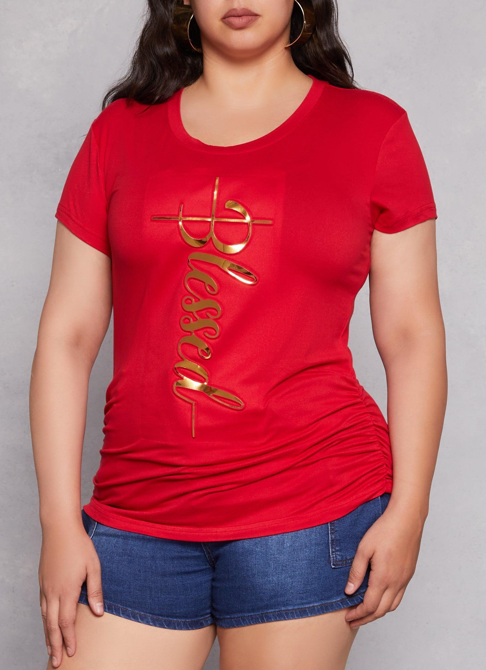 Womens Plus Size 3D Foil Blessed Ruched Graphic Tee product image