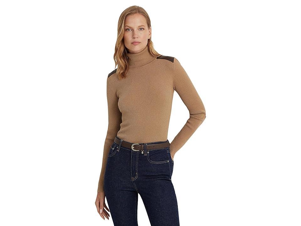 Lauren Ralph Lauren Petite Faux Leather Trim Ribbed Turtleneck (Classic Camel) Women's Sweater Product Image