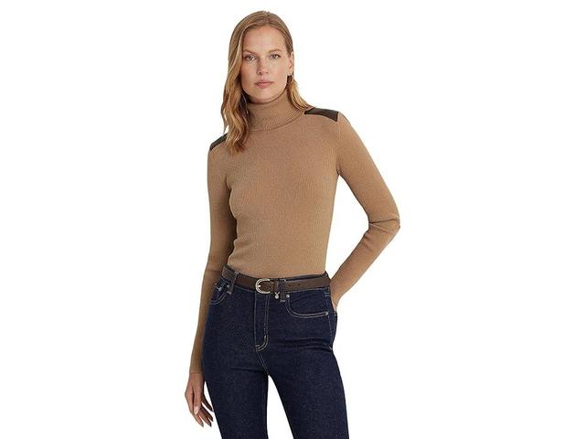 LAUREN Ralph Lauren Petite Faux Leather Trim Ribbed Turtleneck (Classic Camel) Women's Sweater Product Image