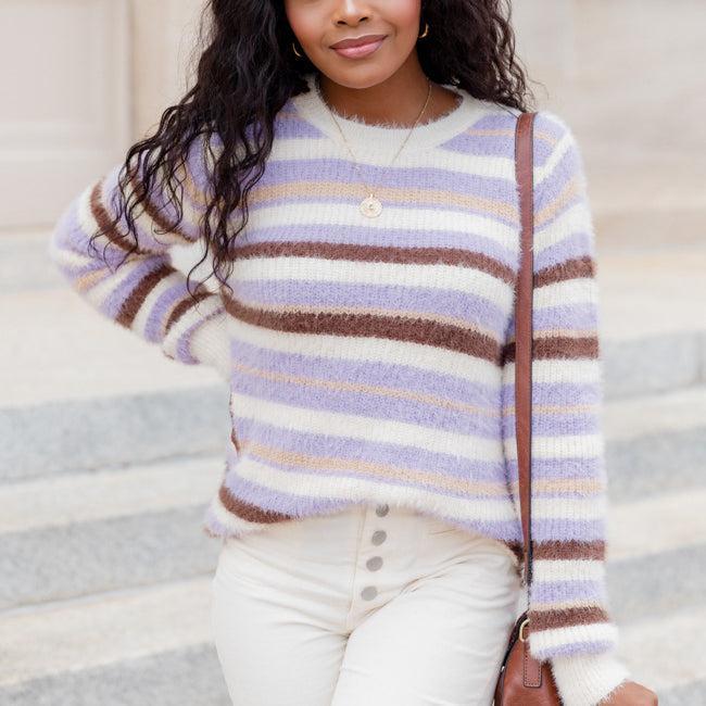 Trying Everything Purple And Brown Fuzzy Striped Sweater Product Image