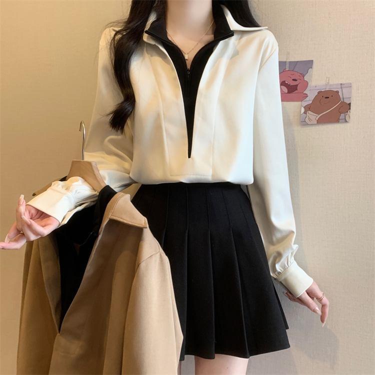 Mock Two-Piece Long-Sleeve Two Tone Overhead Blouse Product Image