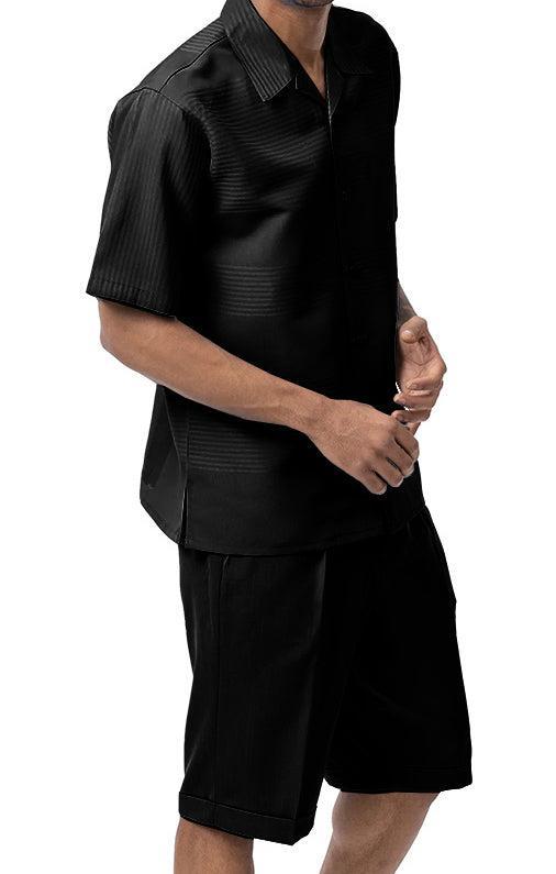 (XL) Black Tone on Tone 2 Piece Short Sleeve Walking Suit Set with Shorts Product Image