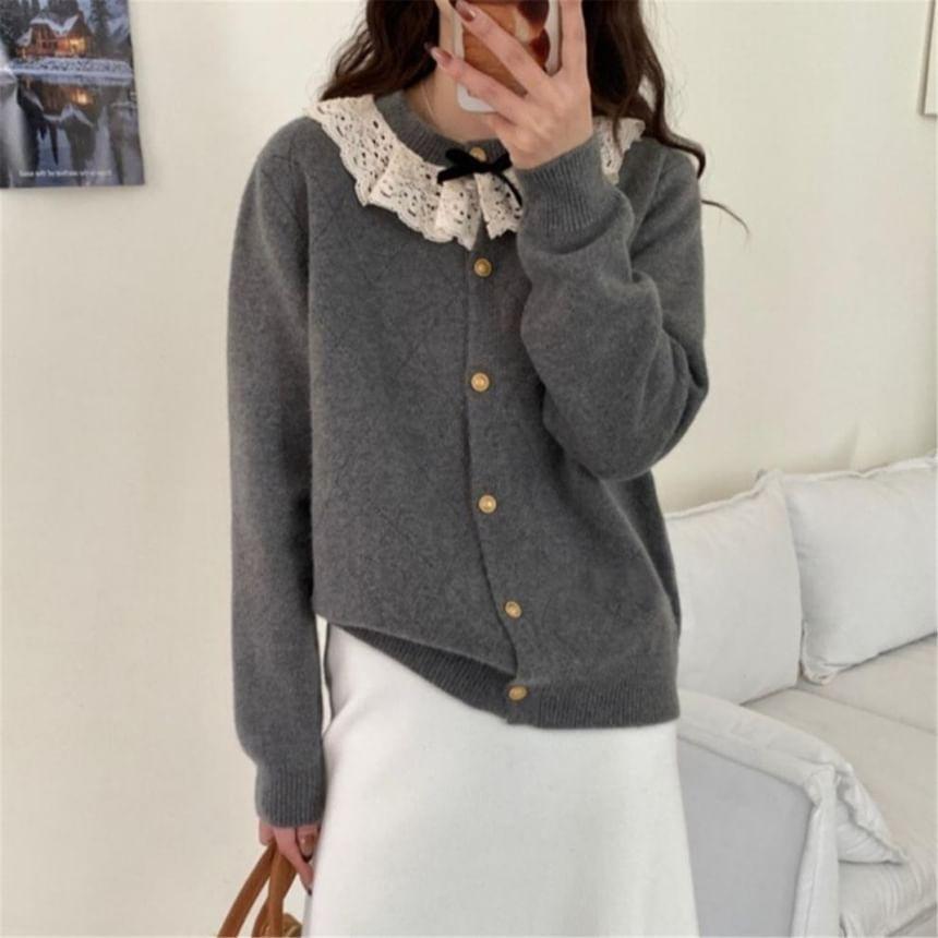 Round Neck Bow Lace Trim Cardigan Product Image