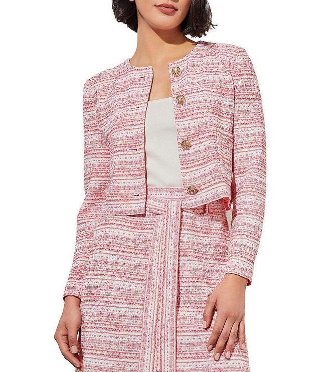 Ming Wang Stripe Tweed Knit Round Neck Long Sleeve Shoulder Pad Cropped Jacket Product Image