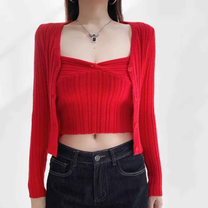 Set: Plain Cardigan + Twisted Crop Cami Top Product Image