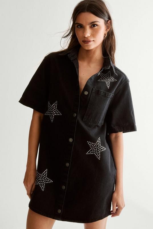 Star Studded Denim Shirt Dress Product Image