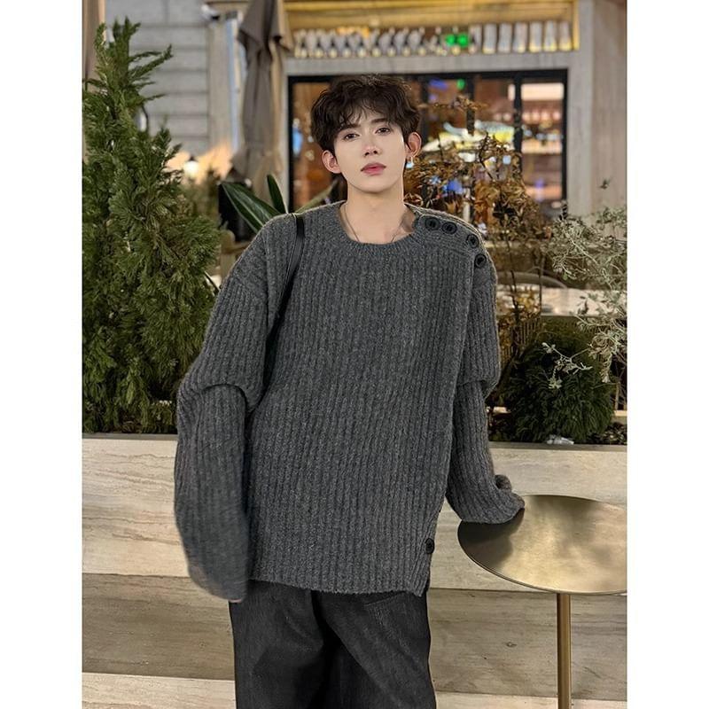 Crew Neck Plain Ribbed Sweater Product Image