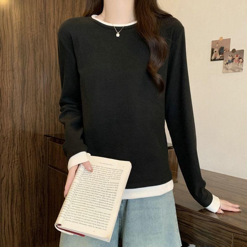 Long Sleeve Round Neck Mock Two Piece Tee Product Image