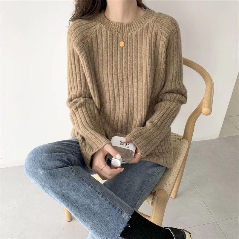 Round Neck Plain Ribbed Sweater Product Image