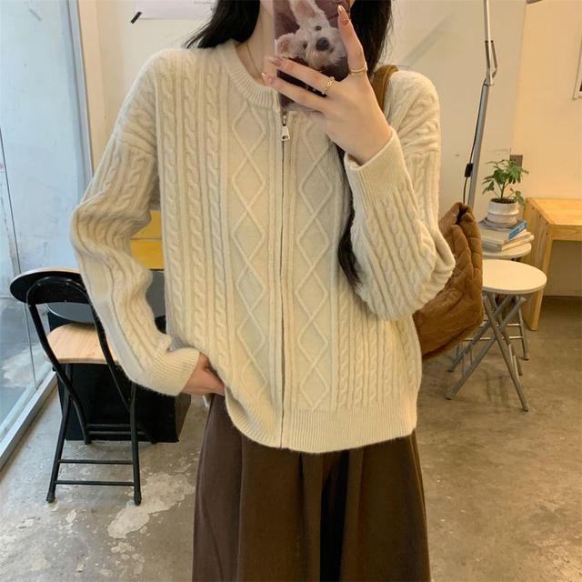 Round Neck Cable Knit Zip Cardigan Product Image