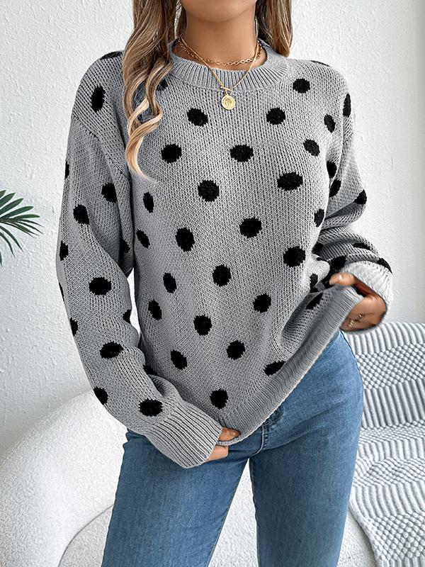 Long Sleeves Loose Contrast Color Polka-Dot Round-Neck Pullovers Sweater Tops Product Image