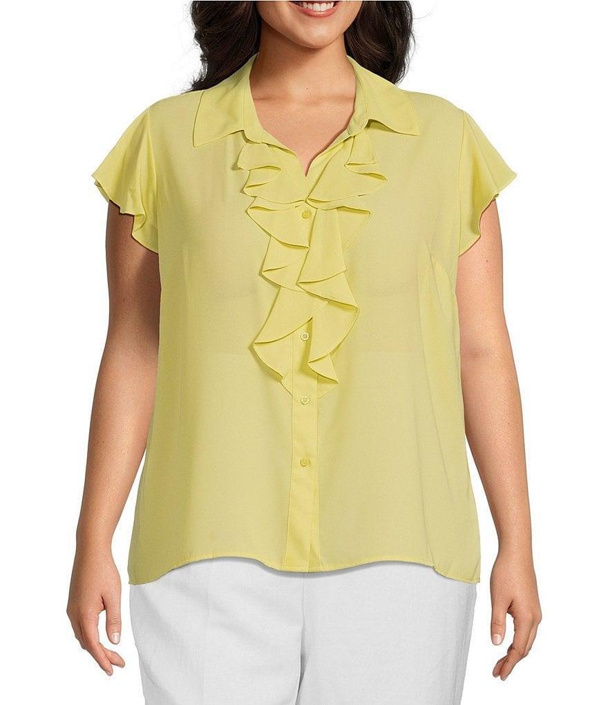 Calvin Klein Plus Size Georgette Point Collar V-Neck Short Sleeve Ruffled Button Front Blouse Product Image