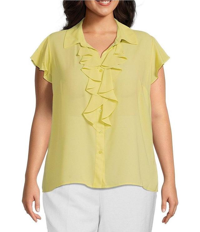 Calvin Klein Plus Size Georgette Point Collar V-Neck Short Sleeve Ruffled Button Front Blouse Product Image