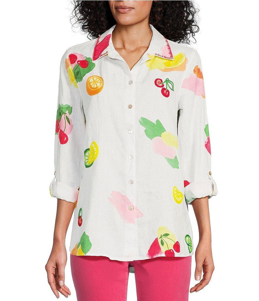 John Mark Embroidered Fruit Print Linen Point Collar 3/4 Roll-Tab Sleeve High-Low Hem Button-Front Tunic Product Image