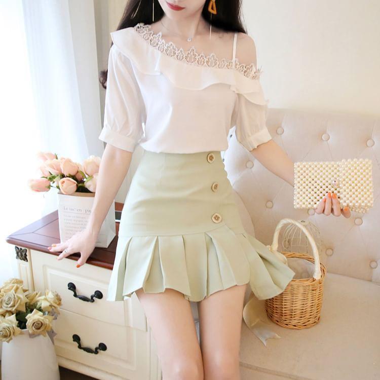 Short-Sleeve Cold Shoulder Plain Ruffle Panel Lace Top / High Waist Plain Pleated Mini A-Line Skirt / Set Product Image