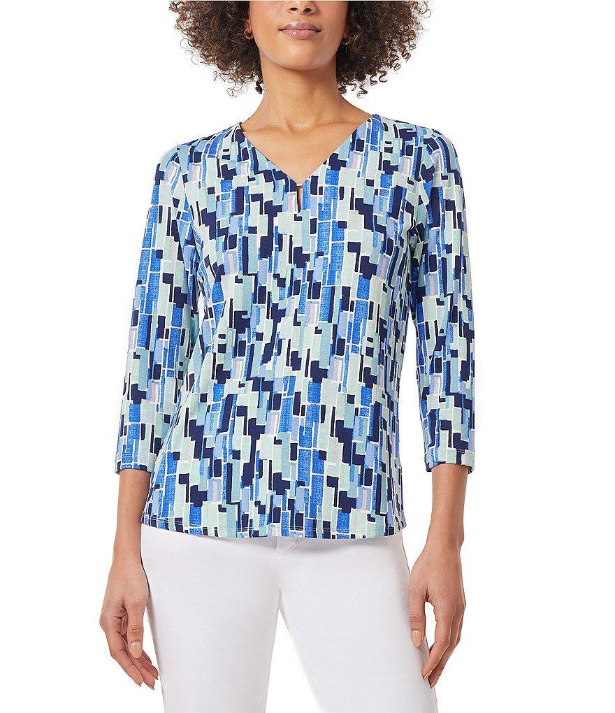 Jones New York Printed V-Neck 3/4 Sleeve Elastic Cuff Pleated Front Tunic Product Image