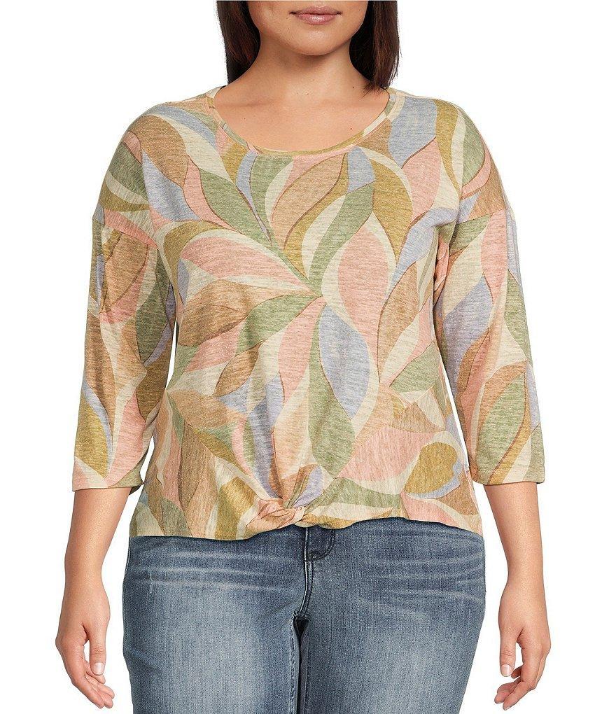 Democracy Plus Size Palm Print Crew Neck 3/4 Sleeve Twist Front Hem Knit Top Product Image