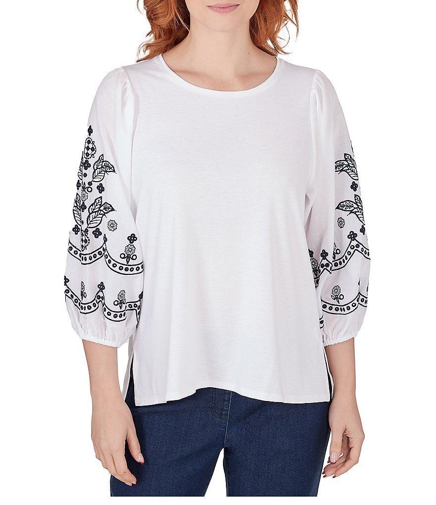 Ruby Rd. Knit Crew Neck Embroidered 3/4 Balloon Sleeve Top Product Image