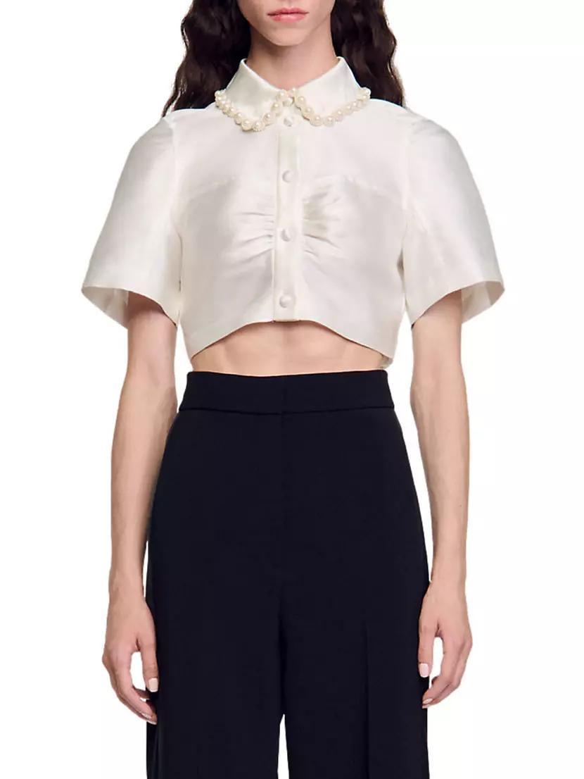 Beaded Satin-Effect Cropped Shirt Product Image