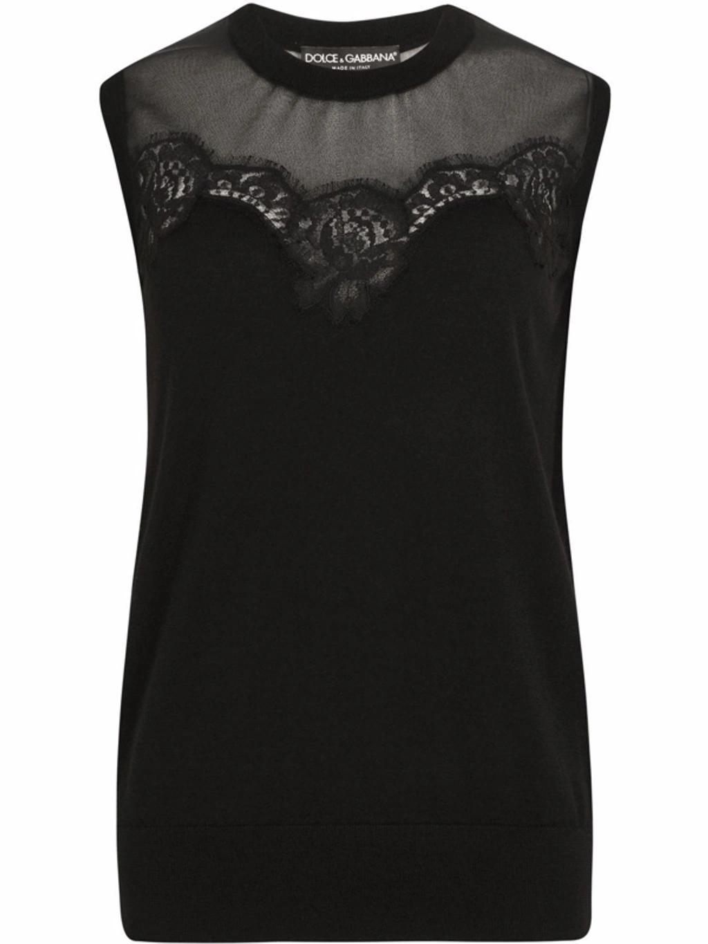 Sleeveless Cashmere And Silk Sweater With Lace In Black Product Image