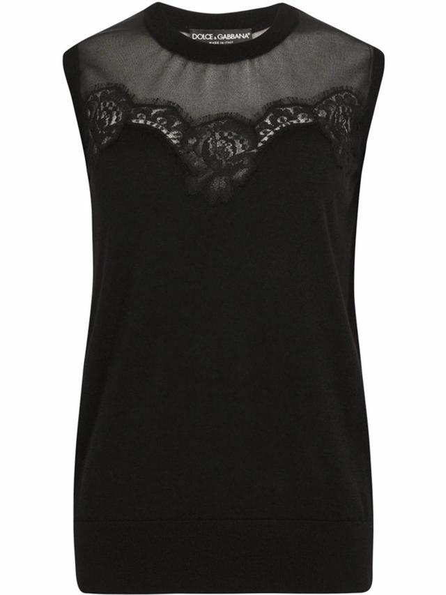 Sleeveless Cashmere And Silk Sweater With Lace In Black Product Image