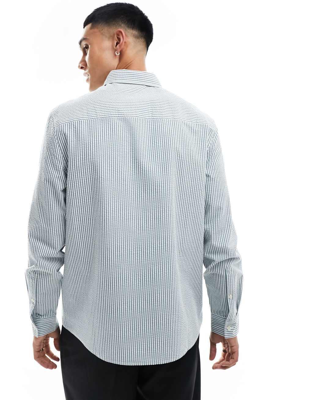 ASOS DESIGN seersucker textured smart shirt in green stripe Product Image