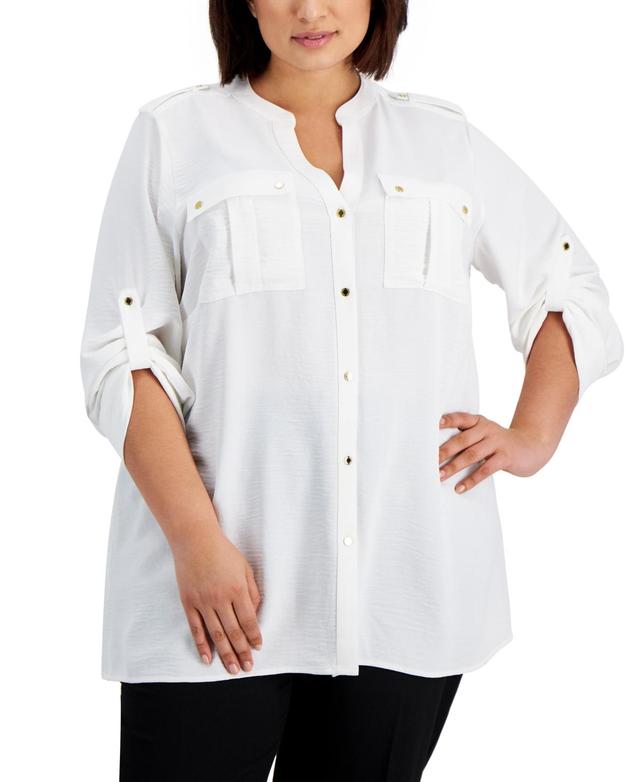 Plus Size Textured Roll Tab Button Down Shirt Product Image