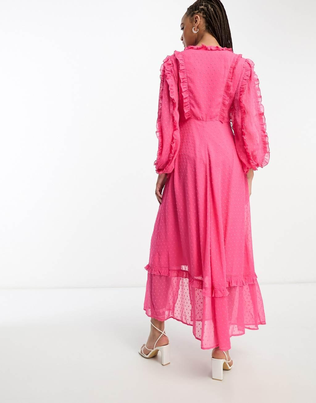 Miss Selfridge textured chiffon ruffle detail maxi dress in hot pink Product Image