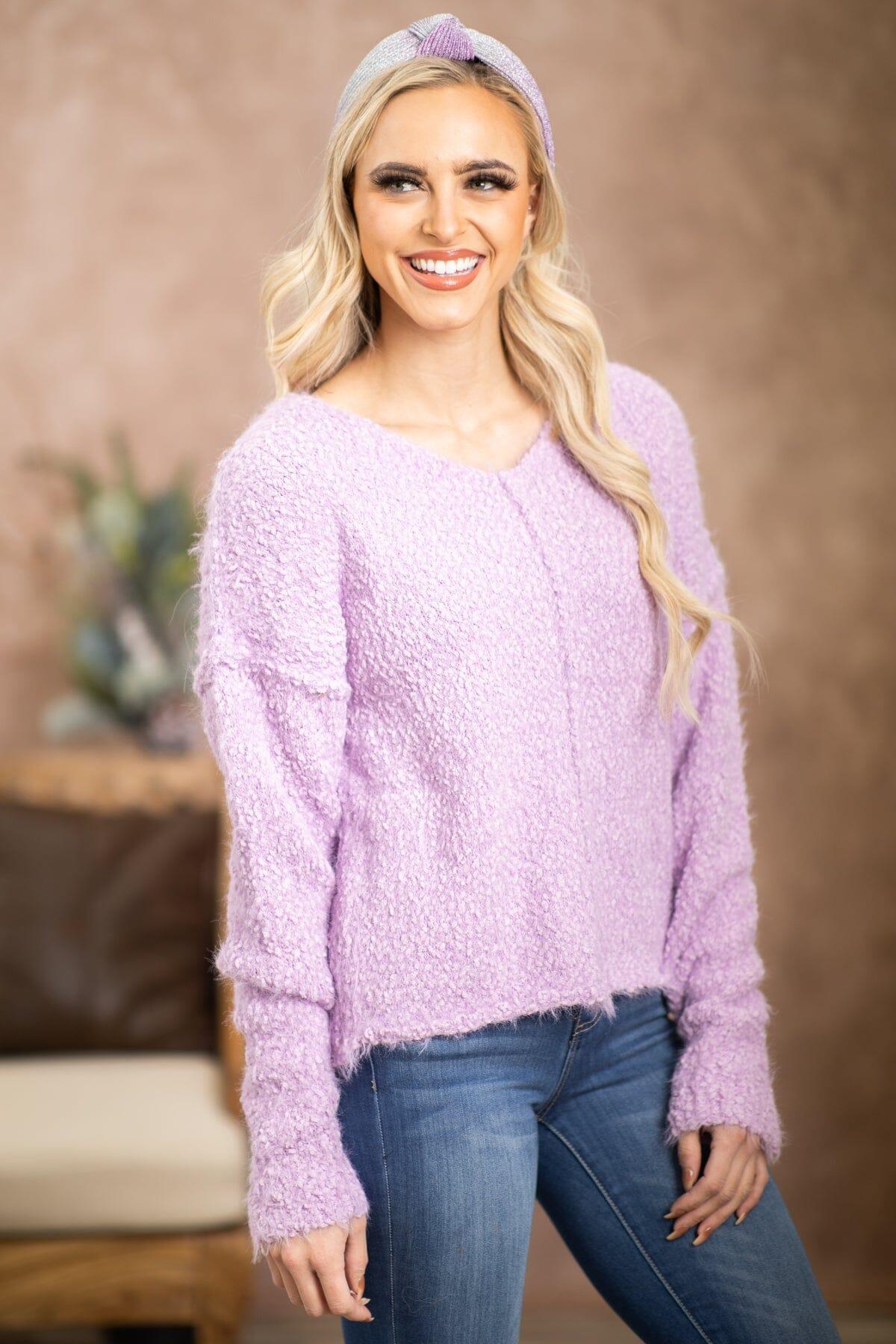 Lavender V-Neck Eyelash Sweater Product Image