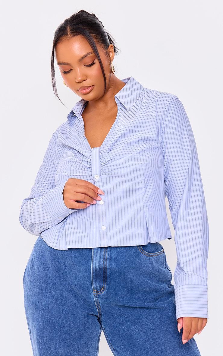 Plus Blue Striped Ruching Detail Shirt Product Image