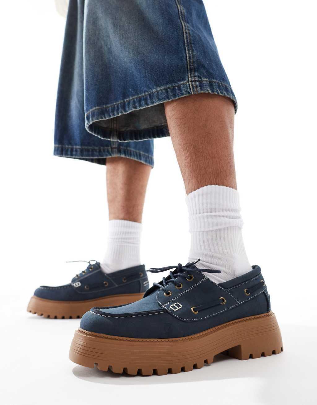 ASOS DESIGN lace up boat shoes in navy with gum sole Product Image