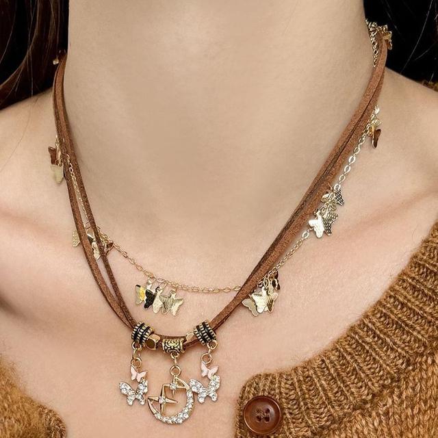 Moon & Star Butterfly Pendant Layered Cord Choker Product Image