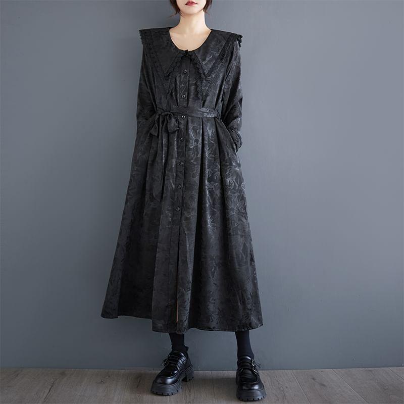 Long-Sleeve Collared Jacquard Midi A-Line Dress Product Image