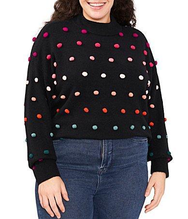 CeCe Plus Size Rainbow Pom Pom Mock Neck Long Sleeve Sweater Product Image