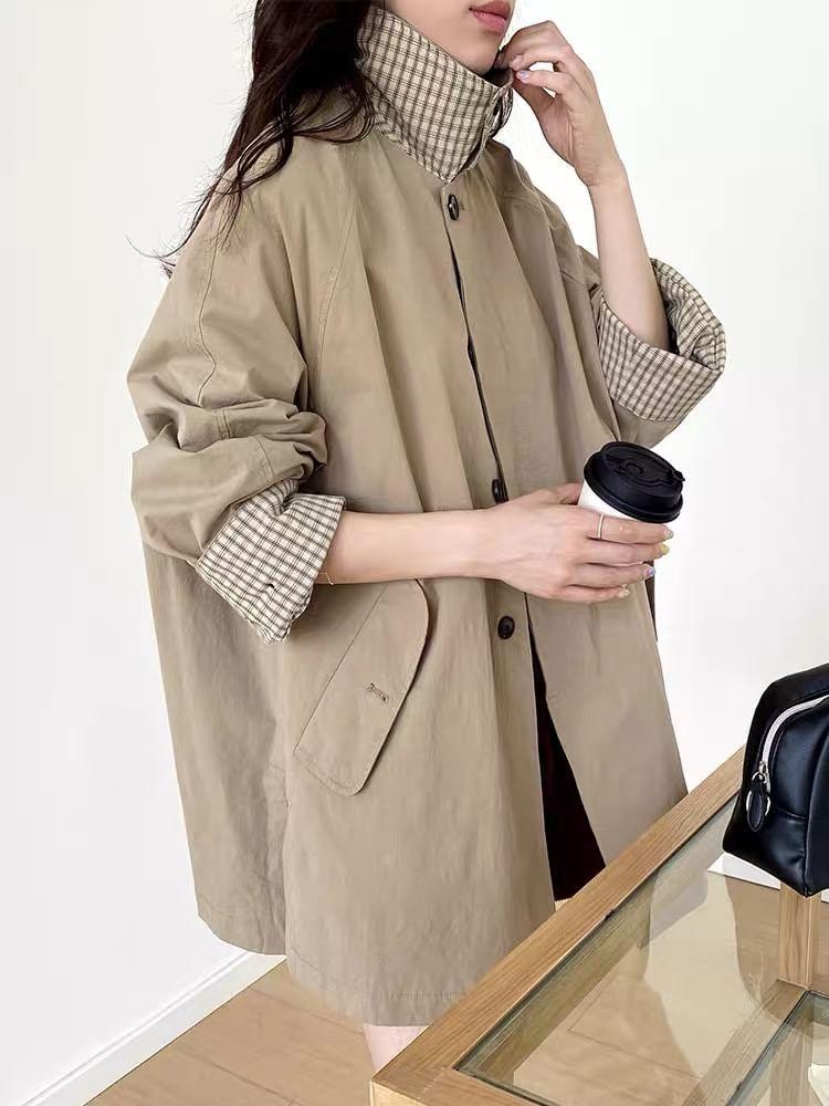 Collared Plain Button-Up Trench Coat Product Image