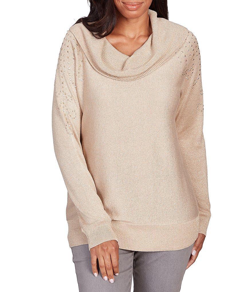 Ruby Rd. Petite Size Metallic Detail Cowl Neck Embellished Sleeve Pullover Sweater Product Image