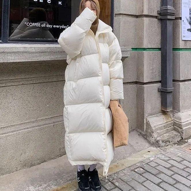 Stand Collar Plain Zip Long Puffer Coat Product Image