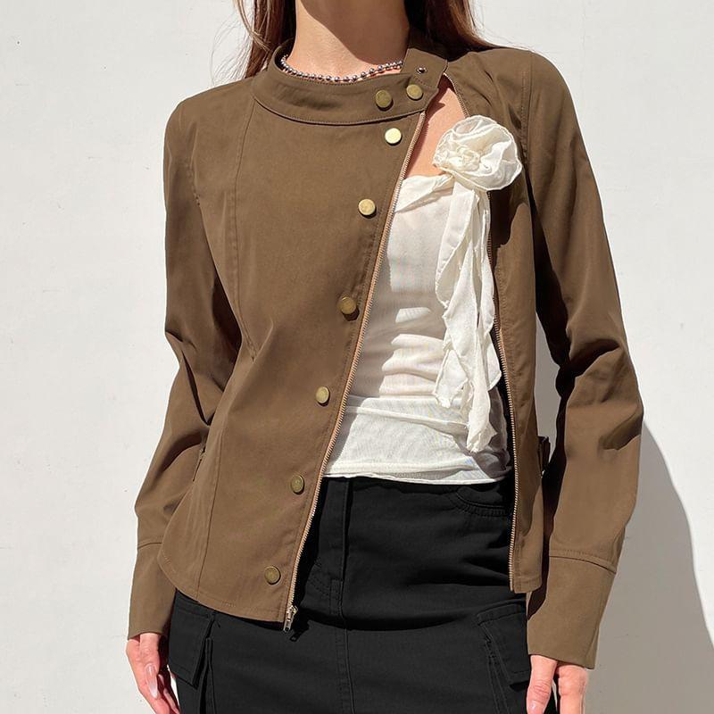 Long Sleeve Stand Collar Plain Zip-Up Cargo Jacket Product Image