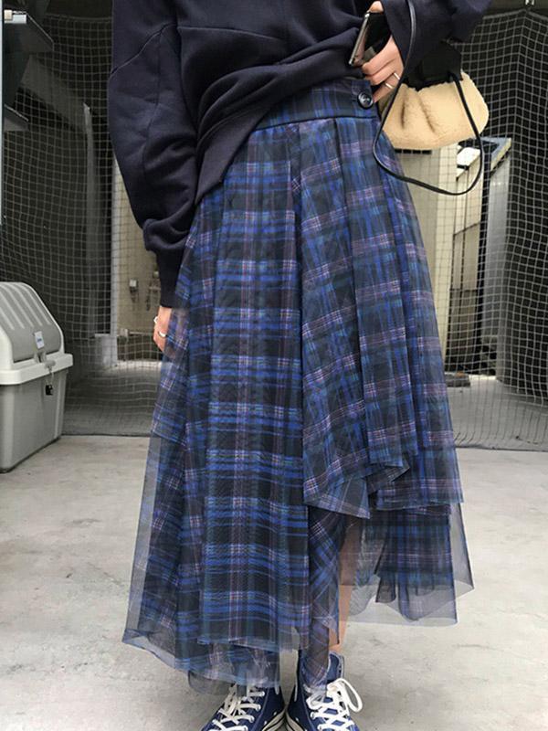 Irregularity Loose High-Waisted Plaid Skirts Bottoms Product Image