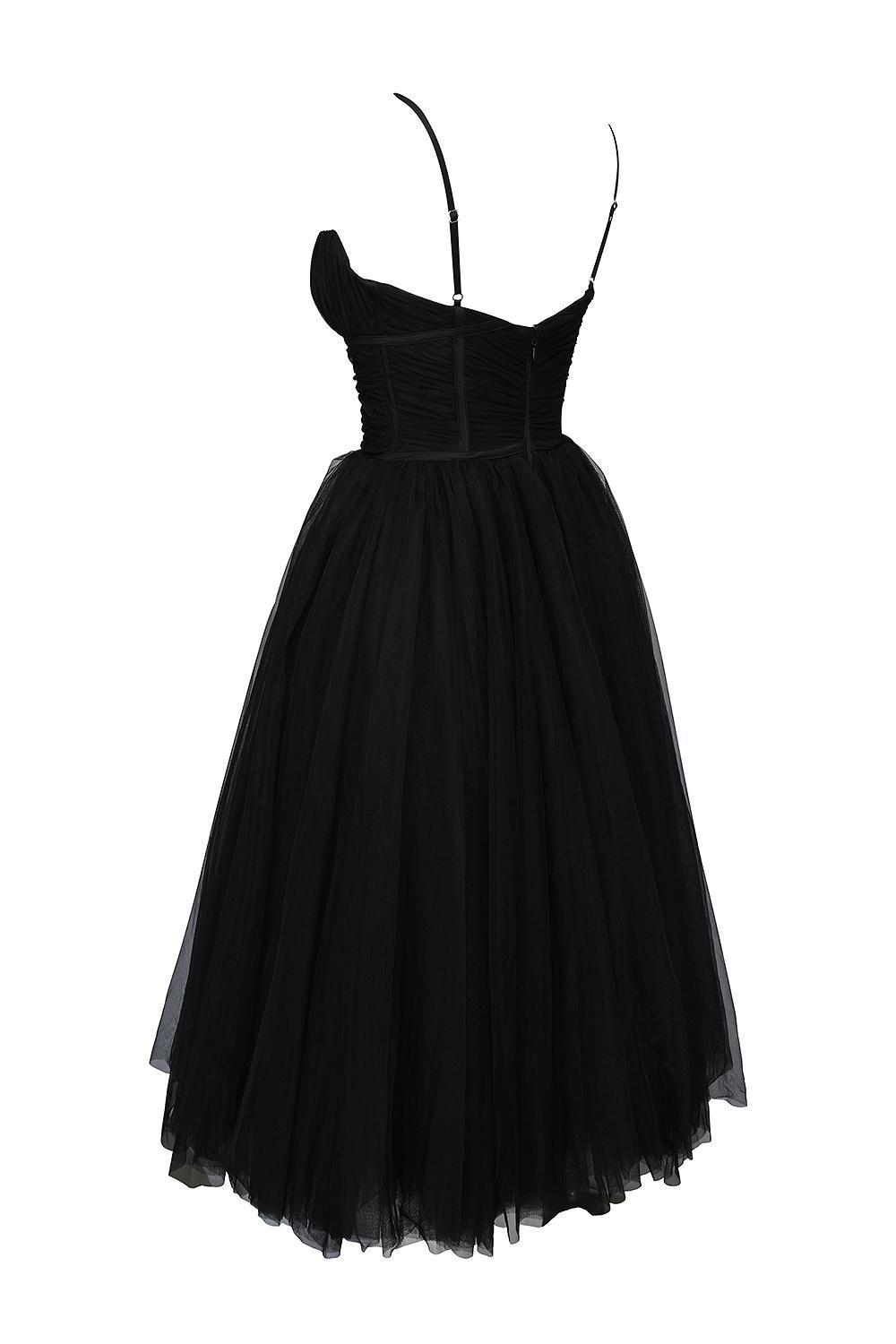 Countess Black Tulle Ruched Bodice Midi Dress Product Image