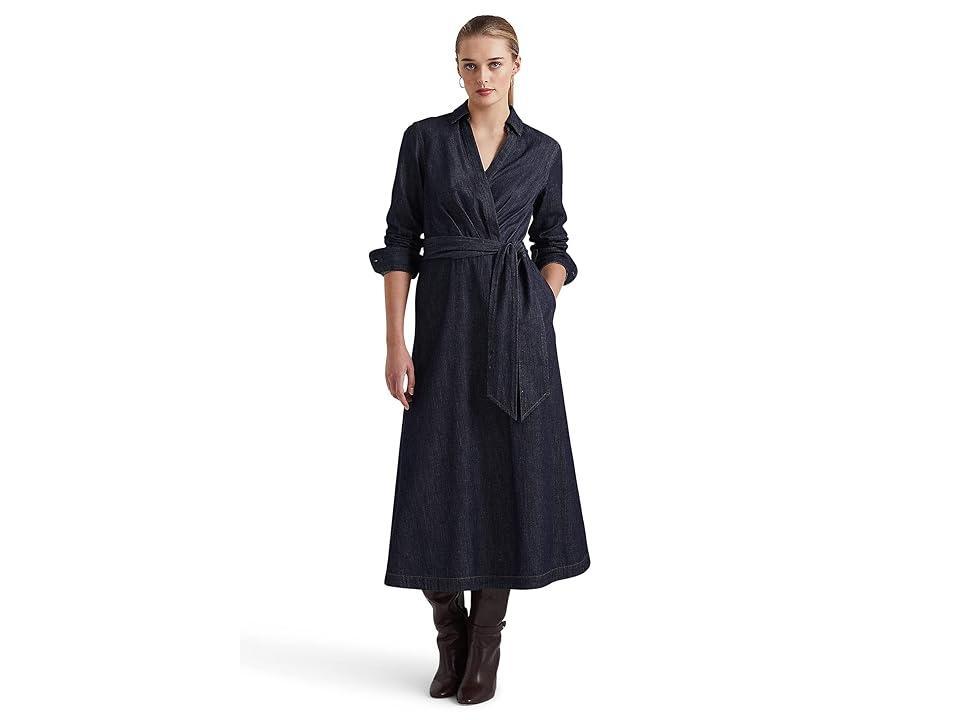 Lauren Ralph Lauren Denim Surplice Midi Dress (Dark Rinse Wash) Women's Dress Product Image