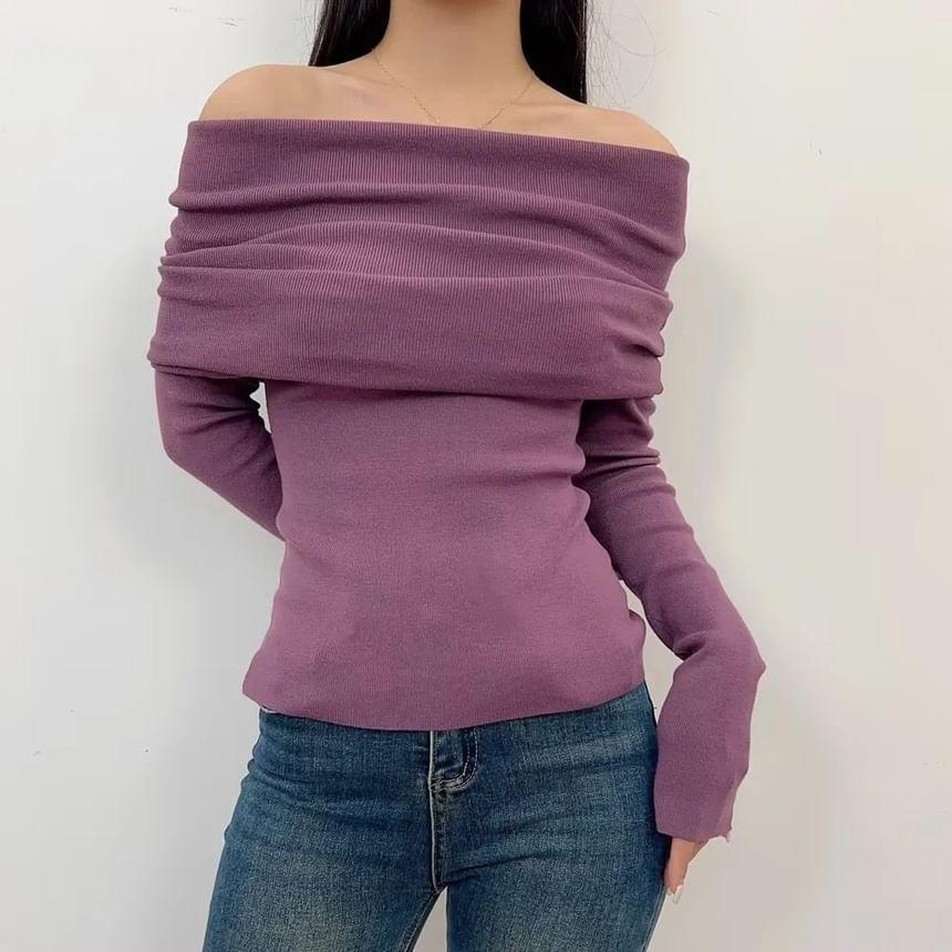 Long-Sleeve Off Shoulder Plain Knit Top Product Image